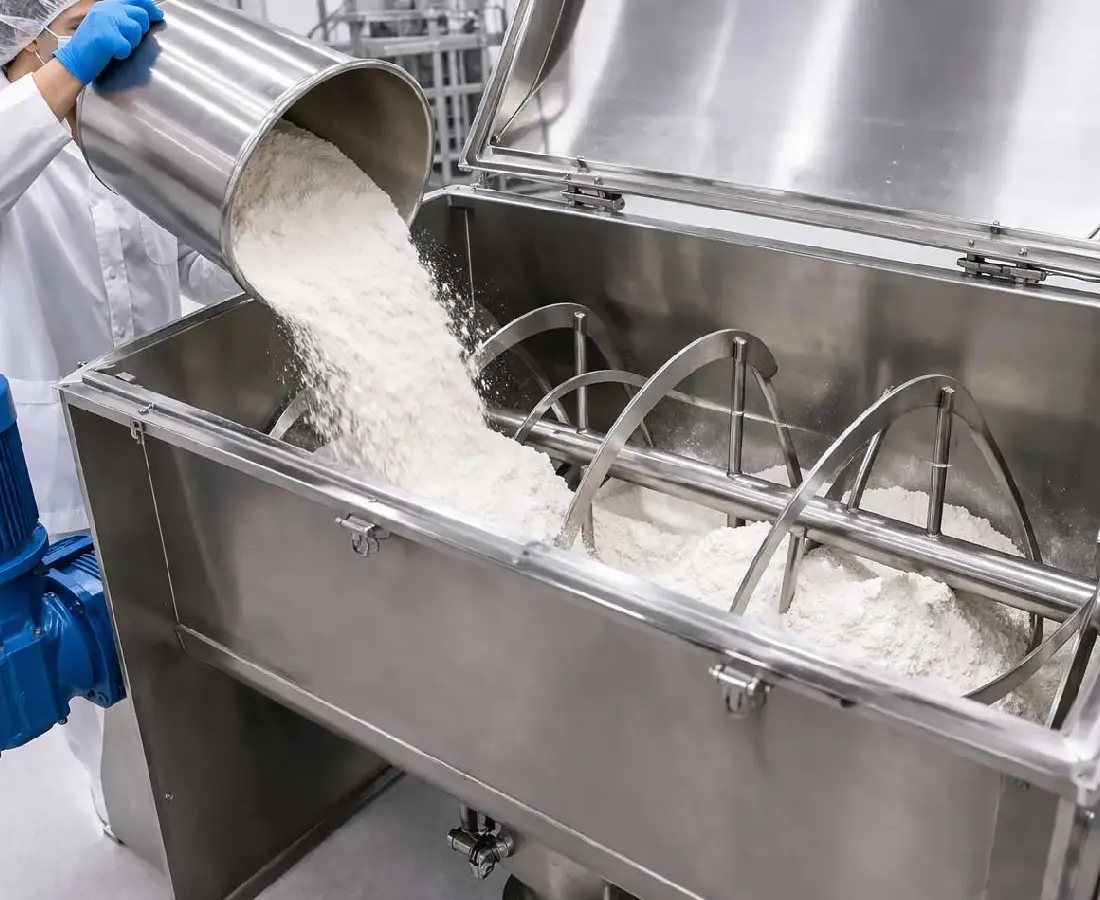 Stainless steel powder blender for pharmaceutical manufacturing