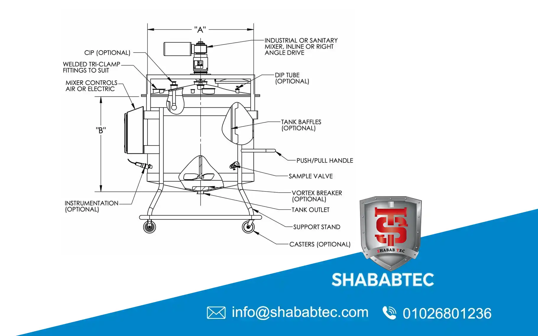 Diagram of mixing tank components agitator motor shaft seal